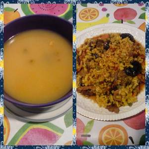2 en 1. Arroz con ternera, verduras y salsa de soja y arroz caldoso con ternera y verduras
