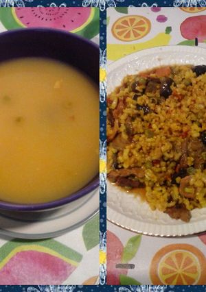 Foto principal de 2 en 1. Arroz con ternera, verduras y salsa de soja y arroz caldoso con ternera y verduras