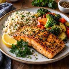 A picture of Seared Salmon with Herbed Rice and Vegetables.