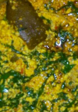 A picture of Egusi soup and goat meat.