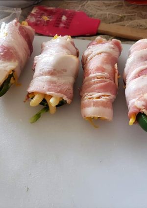 A picture of Bacon wrapped Jalapeno Mac and cheese poppers.