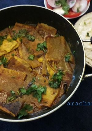A picture of Besan ke chille ki sabaji with mustard gravy.