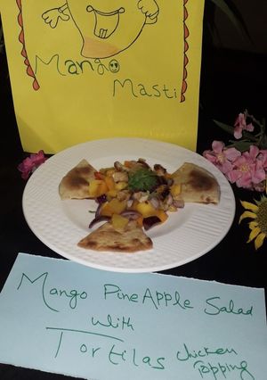 A picture of Mango pineapple salad with tortilla.