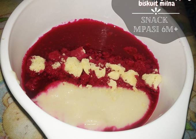 Bubur kacang hijau sauce Buah Naga topping biskuit Milna (snack Mpasi 6M)