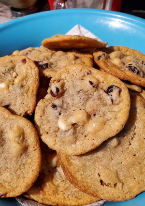 A picture of White Chocolate and Cranberry Cashew Cookies.