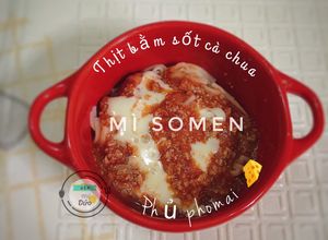 Hình của món Ăn Dặm- Mì somen thịt bằm sốt cà chua phủ phomai.