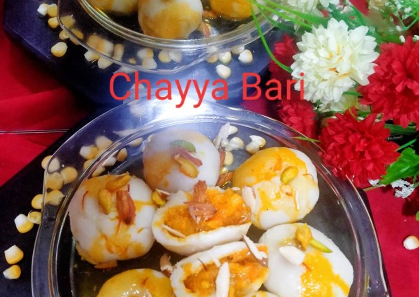 Sweet corn stuffed rice balls with saffron sugar syrup