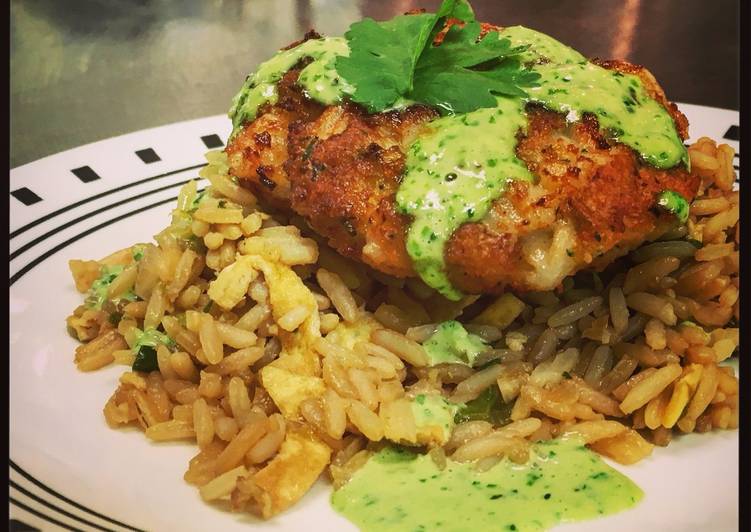 Crispy Rock Shrimp Cakes with a Cilantro Jalapeno Green Sauce