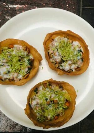 A picture of Potato chat in homemade katori.