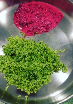 A picture of Coriander rice with beetroot raita.