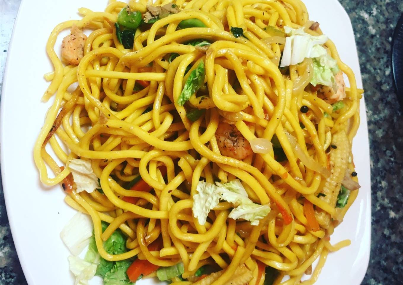 Pancit with shrimp and chicken