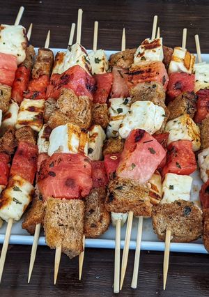 A picture of Halloumi and Watermelon skewers.