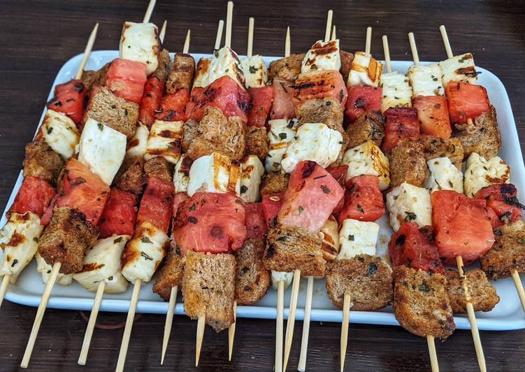 Recipe of Super Quick Homemade Halloumi and Watermelon skewers