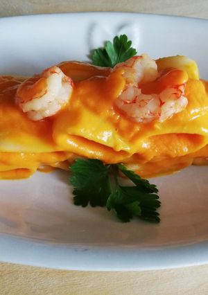 A picture of Paccheri with Pumpkin Cream and Shrimp.