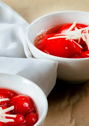 A picture of Gac Sticky Rice Dumplings with Mung Bean Filling (Chè trôi nước gấc nhân đậu xanh).