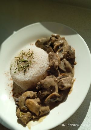 Una foto de Lomo al strogonoff acompañado de arroz blanco