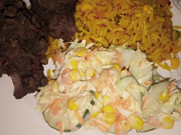 Easy Way Make Recipe Chinese fried rice with coleslow and fry meat that is  Makes Drooling, Really Delicious}