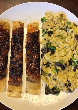 A picture of California Farm Tofu Bacon and Tofu Scrambled Eggs.