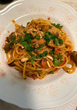 A picture of Pan-Fried Spaghetti with Canned Mackerel.