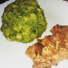 A picture of Mukimo and stir fried chicken #Mykidsfavouritedishcontest.
