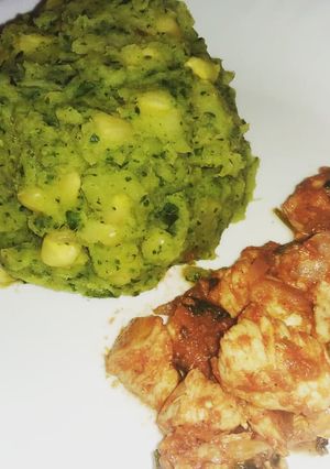 A picture of Mukimo and stir fried chicken #Mykidsfavouritedishcontest.