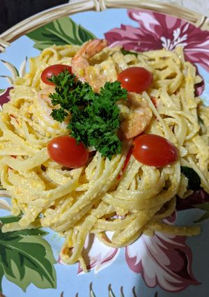 Foto resep Salted Egg Fettuccini with Prawn