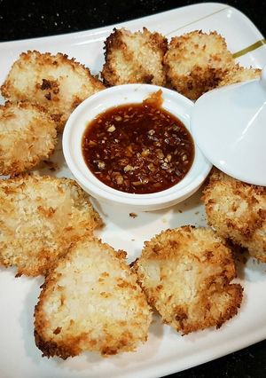 A picture of Panko Chicken with Honey Sriracha Sauce.