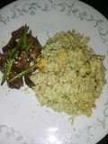 Zesty lemon beef or pork soy with asparagus and caulirice