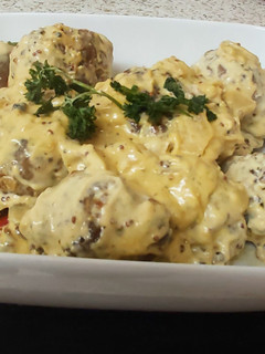 A picture of My Pork & Peppered Balls in a creamy Mustard Sauce 😋.