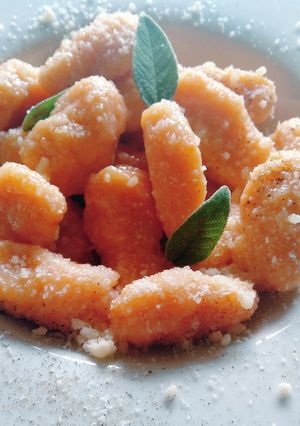 A picture of Pumpkin Gnocchi with Brown Butter and Sage.