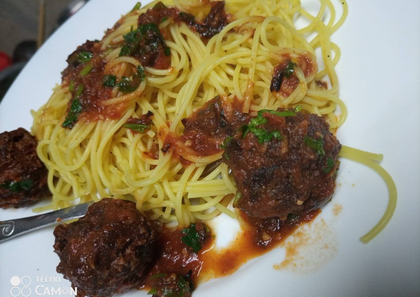 Tumeric Spaghetti in meatball sauce