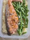 Pan seared salmon with mashed potatoes and garlic french beans