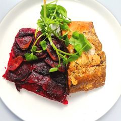 Hot smoked sockeye salmon with beetroot and potato gratin A picture of Hot smoked sockeye salmon with beetroot and potato gratin.