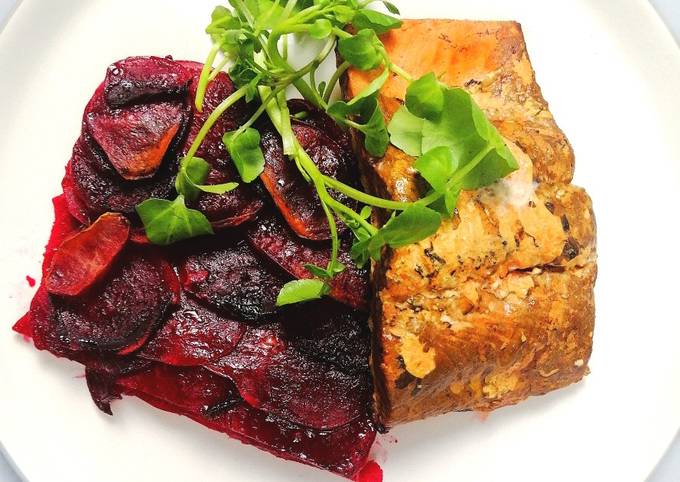 Hot smoked sockeye salmon with beetroot and potato gratin