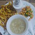 Chicken corn soup & chikpea salad with french fries 🍟