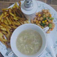 Chicken corn soup & chikpea salad with french fries 🍟 A picture of Chicken corn soup & chikpea salad with french fries 🍟.
