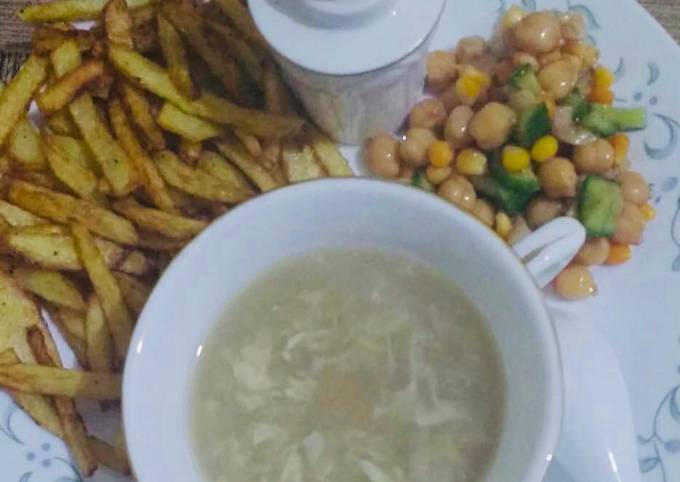 Chicken corn soup &amp; chikpea salad with french fries 🍟