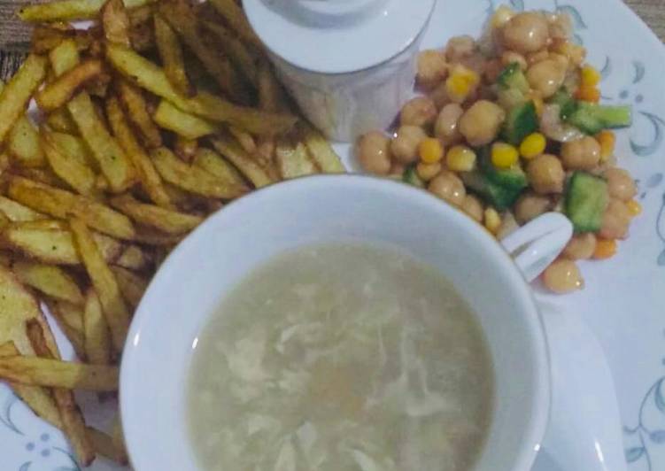Recipe of Quick Chicken corn soup & chikpea salad with french fries 🍟