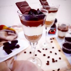 A picture of 3 layered chocolate dessert.