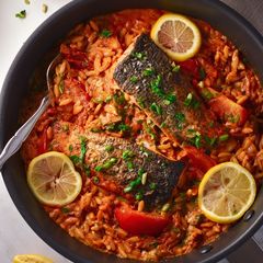 A picture of My One Pan Salmon With Creamy Tomato Orzo 🐟🍅.