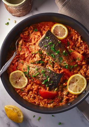 A picture of My One Pan Salmon With Creamy Tomato Orzo 🐟🍅.