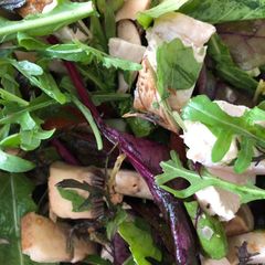 A picture of Roasted Chicken and Spring Onions, with Lime and Oil dressing, served in a Green Salad.