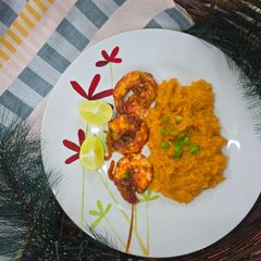 A picture of Mashed Sweet Potato and Mozzarella with Asian Style Prawns.