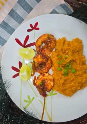 A picture of Mashed Sweet Potato and Mozzarella with Asian Style Prawns.