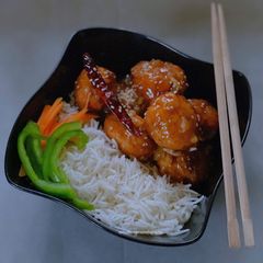 A picture of Chinese Chicken Meatballs in Asian Sauce.