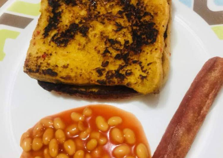 French Toast with baked beans and Sausage