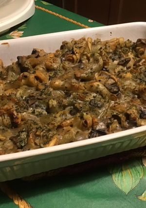 Une photo de Ciocches multicolores en gratin aux champignons et fromage de chèvre