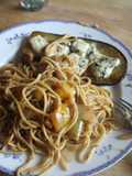 Spaghetti a la UK, con berenjenas con Roque