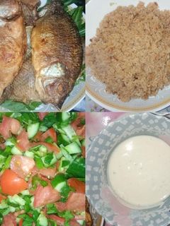 صورة لوصفة اكلة سمك بلطي مقلي وارز وسلطه وطحينه 🍚🐟🥗