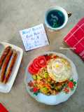 Set Menu Ultah Versi Sarapan : Nasgor Pete, Sosis Barbeque & Teh Bunga Telang